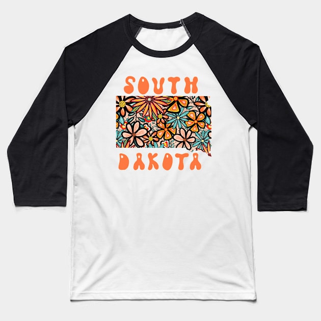 South Dakota State Design | Artist Designed Illustration Featuring South Dakota State Filled With Retro Flowers with Retro Hand-Lettering Baseball T-Shirt by MarcyBrennanArt